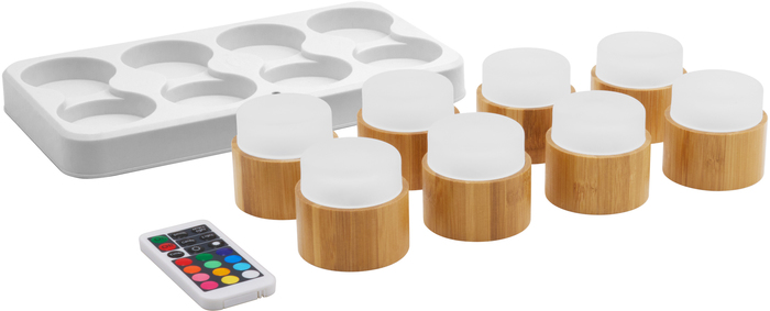Duni LED Mini Lampe 8er Set multicolour inkl. warmwei mit 8er Set Bambus Halter